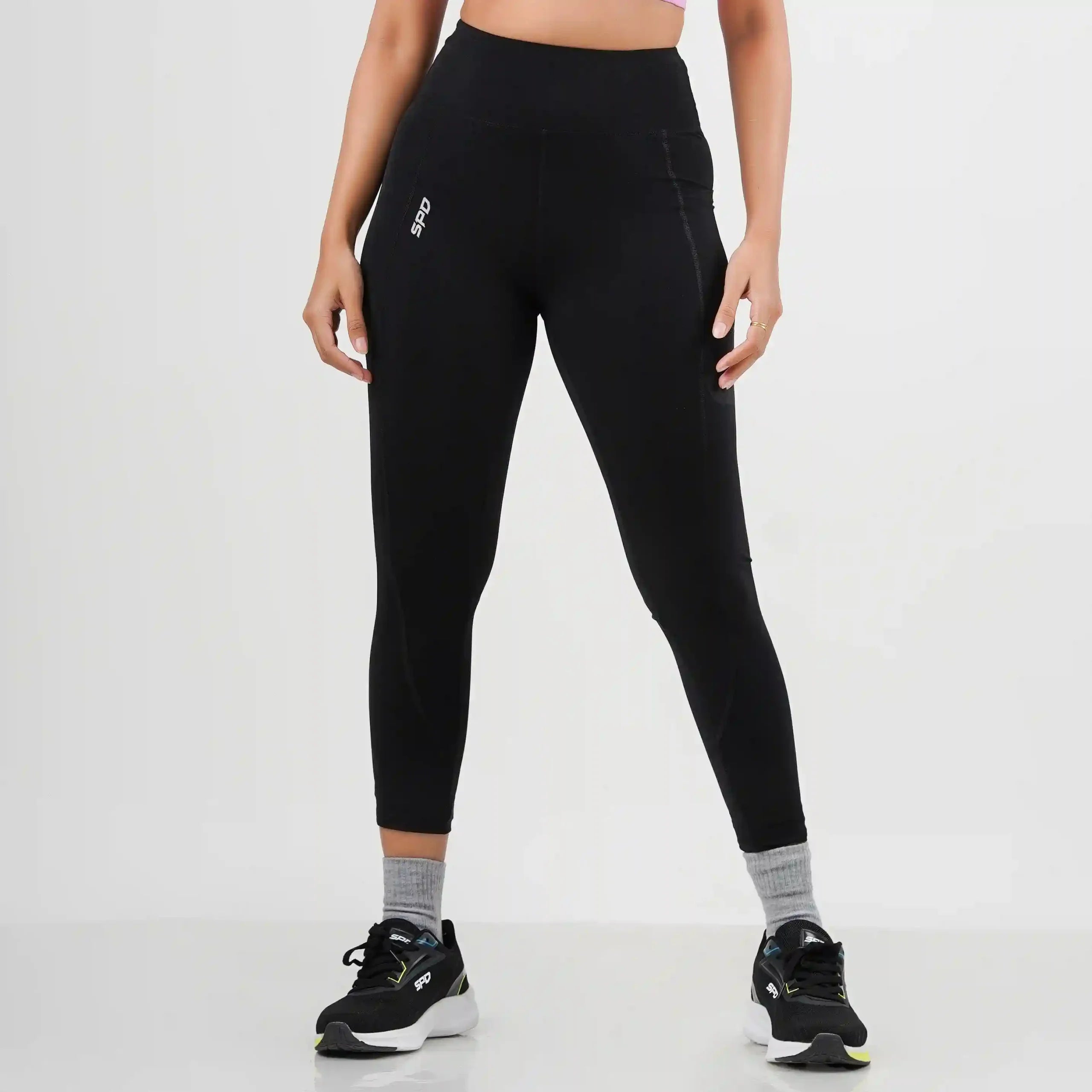 womens black color tight leggings with spd logo